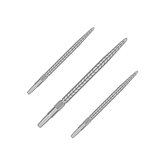 Auf dem Bild sind drei silberne Dartspitzen mit einem eingravierten Muster zu sehen. Sie sind länglich geformt und haben ein fein gearbeitetes Design.