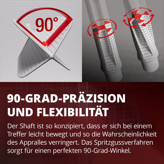 Target K-Flex Raymond Van Barneveld No2 Sistema de eje de vuelo estándar Das Bild zeigt eine Grafik mit einem 90-Grad-Winkel und einer flexiblen Bewegung von zwei Schäften. Darunter steht ein Text, der die Präzision und Flexibilität des Designs beschreibt.