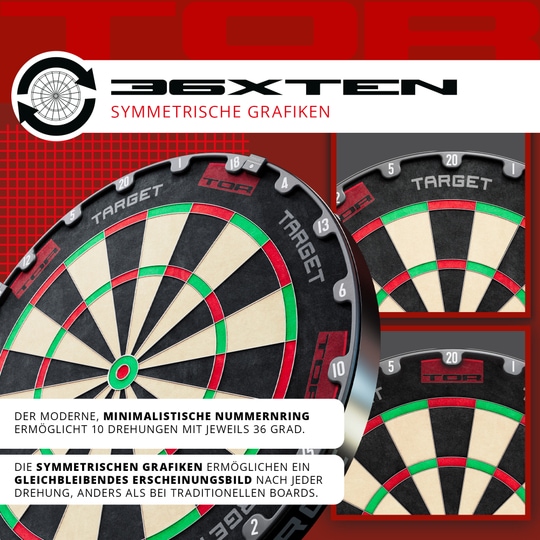 Diana de acero Target TOR Das Bild zeigt das Produkt "Target TOR Steeldartboard" mit modernem, minimalistischem Nummernring. Die symmetrischen Grafiken sorgen für ein gleichbleibendes Erscheinungsbild nach jeder Drehung.