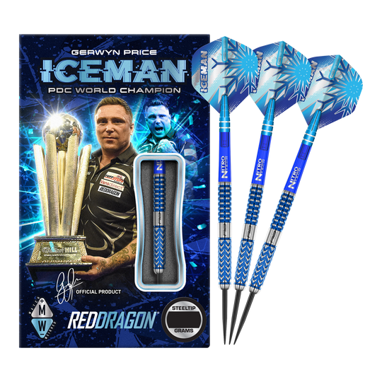 Dardos de acero Red Dragon Gerwyn Price Glacier Das Bild zeigt das Produkt "Red Dragon Gerwyn Price Glacier Steeldarts" in einer auffälligen blauen Verpackung mit einem Bild von Gerwyn Price und einer Trophäe. Rechts daneben sind drei blaue Steeldarts mit dem Namen "ICEMAN" auf den Flights zu sehen.