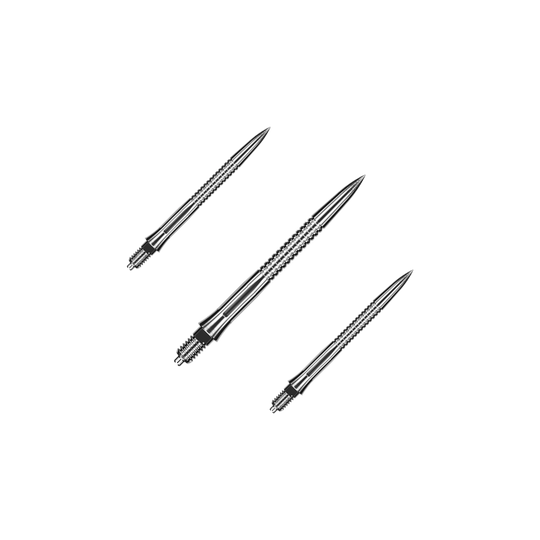 Puntas de dardo Caliburn EZ-EVO - Ranuradas - Plateadas Dargestellt ist ein Set von gerillten, silbernen Dartspitzen mit einer Länge von 28 mm. Das Set eignet sich besonders für Dartspieler, die Wert auf Präzision legen.