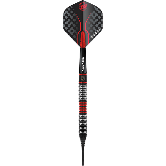 2451_Winmau_Joe_Cullen_Special_Edition_Softdarts_10ZB0FD2xjzImw Das Bild zeigt einen Winmau Joe Cullen Special Edition Softdart. Der Dart ist hauptsächlich schwarz mit roten und silbernen Akzenten gestaltet.