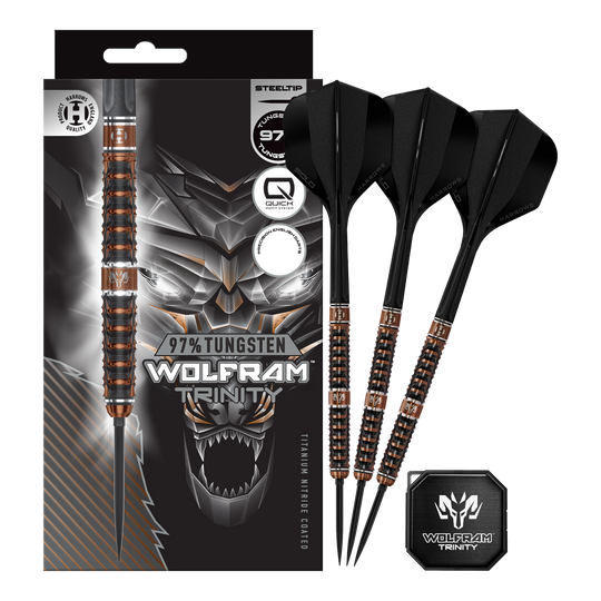 Dardos de acero de punta rápida Harrows Tungsten Trinity Hier sieht man die Harrows Wolfram Trinity Quick Point Steeldarts in voller Ansicht. Die Steeldarts zeichnen sich durch innovative Technik aus.