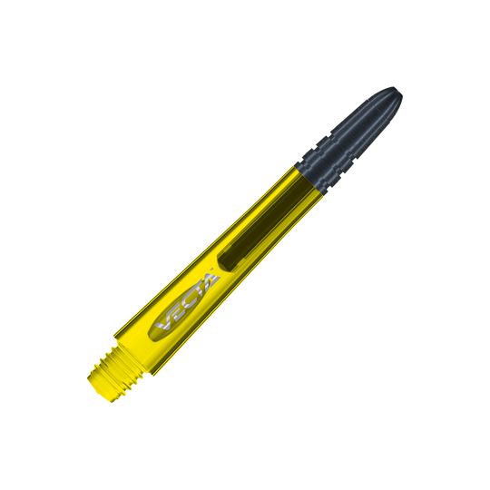 7025-206_Winmau_Vecta_Shafts_Gelb_40mm_2 Auf dem Bild ist ein Winmau Vecta Shaft in Gelb zu sehen. Der Schaft hat einen transparenten gelben Körper mit einem schwarzen Ende.