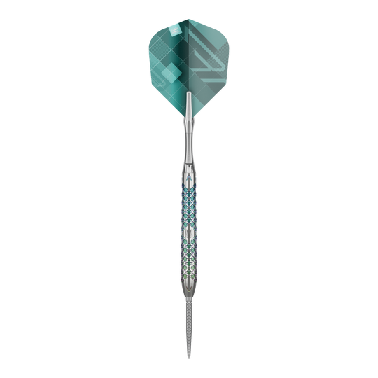 Dardos de acero Target Rove 03 Swiss Point Das Bild zeigt einen Target Rove 03 Swiss Point Steeldart. Der Dart hat ein silbernes Metallgehäuse mit blauen Akzenten und eine grüne Flight.