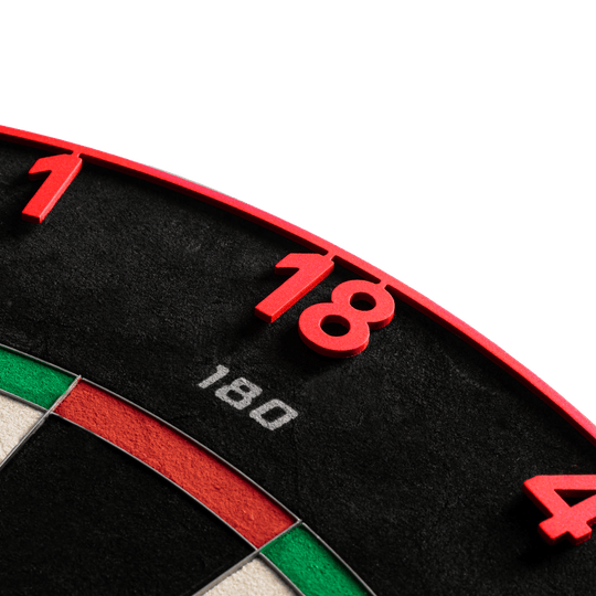 Diana de dardos de acero Endorphine de precisión 180 con anillo numerado - Rojo Infierno Dieses Bild zeigt das Precise 180 Endorphine Steeldartboard mit Nummernring in Inferno Red. Das Dartboard eignet sich ideal für anspruchsvolle Dartspieler.