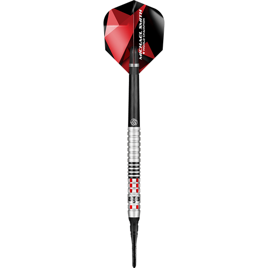 Shot de Michael Smith Achieve Soft Darts Auf dem Bild ist ein Softdartpfeil mit silbernen und schwarzen Elementen zu sehen. Das Flights ist rot-schwarz und trägt die Aufschrift "Michael Smith World Champion".