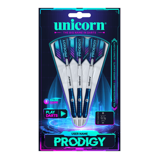 Dardos de acero Unicorn Prodigy 02 Torpedo Das Bild zeigt eine Packung mit drei Unicorn Prodigy 02 Torpedo Steeldarts. Die Verpackung ist farbenfroh gestaltet und hebt das Produkt und den Markennamen hervor.