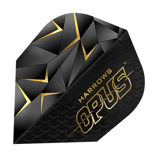 Vuelos de Harrow's Opus versión 3 Das Bild zeigt ein Harrows Opus Version 3 Flight für Dartpfeile. Das Flight ist schwarz mit goldenen geometrischen Mustern und dem Schriftzug "Harrows Opus".