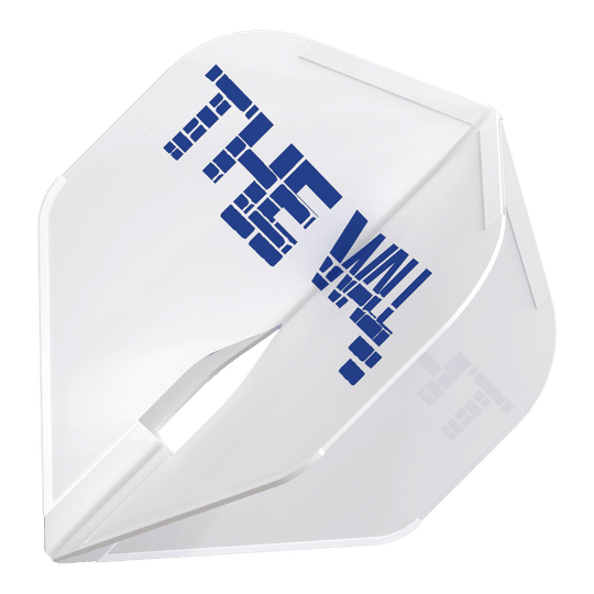 Vuelos Martin Schindler L-Style blancos L1PRO Das Bild zeigt einen weißen Dartflight mit der Aufschrift "THE WALL" in blauer Farbe. Es handelt sich um das Produkt "L-Style Martin Schindler Weiß L1PRO Flights".