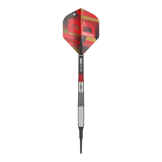 Dardos blandos Target Stephen Bunting GEN5 - 18 g Auf dem Bild ist ein Softdart der Marke Target Stephen Bunting GEN5 mit einem Gewicht von 18 Gramm zu sehen. Der Dart hat ein auffälliges, rot-schwarzes Design mit der Aufschrift "BULLET" auf dem Flight.