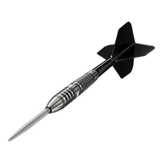 Das Bild zeigt den Target Japan Black Marque Lumiere GEN3 Steeldart. Der Dartpfeil ist schwarz-silber und hat ein modernes, hochwertiges Design.