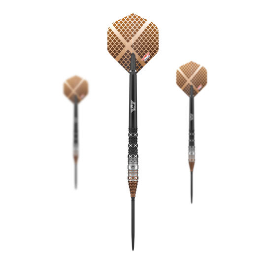 Das Bild zeigt die Bulls NL Max Hopp 95% Convertible Points Steeldarts als Set. Ideal für professionelle Spieler und Sammler.