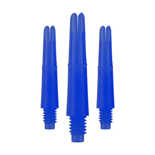Ejes en L bloqueados rectos estilo L - Azul Auf dem Bild sind drei blaue, gerade Dartschäfte zu sehen. Sie haben ein Gewinde am unteren Ende und sind ohne Kappen abgebildet.