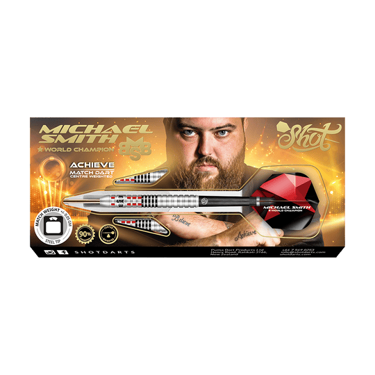 Shoto Michael Smith Lograr Dardos De Acero Auf dem Bild ist eine Verpackung für Steeldarts mit dem Namen „Michael Smith - World Champion“ zu sehen. In der Mitte ist ein Mann mit Bart abgebildet, und ein großer silberner Dartpfeil ist prominent dargestellt.