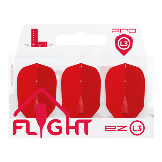 Vuelos L-L-Style3EZ Die Abbildung zeigt eine Packung mit drei roten Dart-Flights der Marke L-Style. Auf der Verpackung steht „FLIGHT ez L3“ und das Produkt ist für den Profibereich gekennzeichnet.