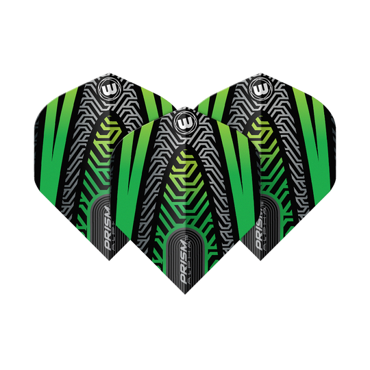 Winmau Prism Alpha Negro Verde No. 2 Vuelos Estándar Das Bild zeigt drei Dartflights des Modells "Winmau Prism Alpha Schwarz Grün No2 Standard". Die Flights haben ein auffälliges, modernes Design in Schwarz, Grün und silbernen Linienmustern.