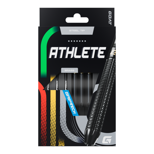Dardos de acero GOAT Athlete de latón negro - 13 g Die Abbildung zeigt die Verpackung der GOAT Athlete Black Brass Steeldarts mit einem Gewicht von 13g. Die Darts haben eine schwarze, geriffelte Oberfläche und sind für Präzision und Haltbarkeit ausgelegt.