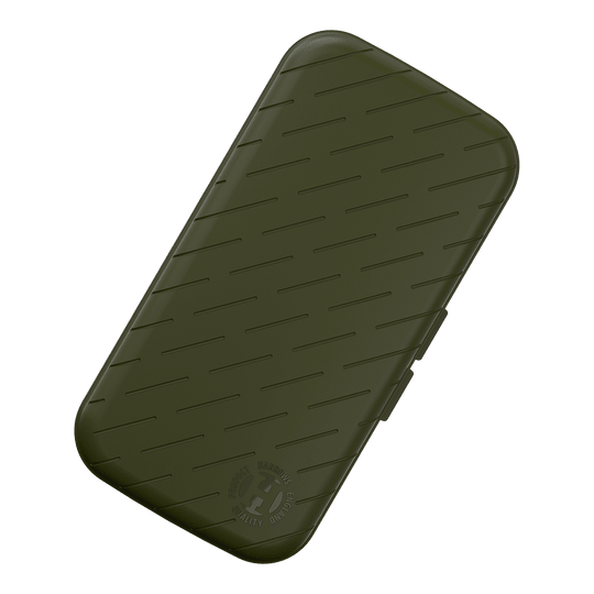 Estuche para dardos Harrows Slimcase Eine Darttasche mit unifarbener Textur wird auf weißem Hintergrund präsentiert. Die Tasche hat eine längliche Form.