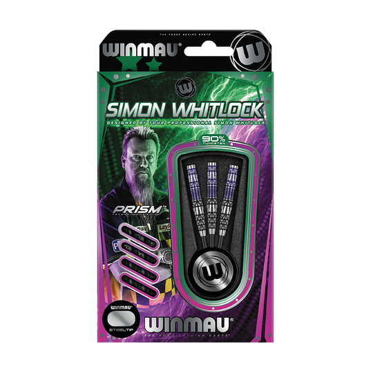 Dardos de acero Winmau Simon Whitlock Edición Especial 2020 Die Abbildung zeigt das Produkt „Winmau Simon Whitlock Special Edition 2020 Steeldarts“ in der Originalverpackung. Auf der Verpackung sind drei Steeldarts und ein Bild von Simon Whitlock zu sehen.