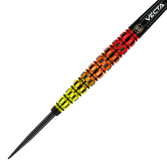 Dardos de acero cónicos Winmau Firestorm Flame Das Bild zeigt einen Winmau Firestorm Flame Tapered Steeldart. Der Dart hat ein auffälliges Design mit leuchtenden Farben von Gelb über Orange bis Rot.