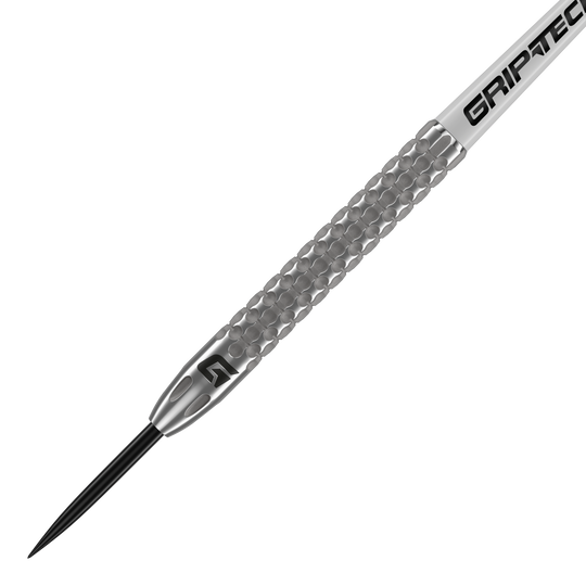 Dardos de acero de tungsteno GOAT Fairway V2 Dies ist ein GOAT Fairway V2 Tungsten Steeldart. Er hat eine silberne, strukturierte Oberfläche mit dem Schriftzug "GRIPTEC" auf dem Schaft.