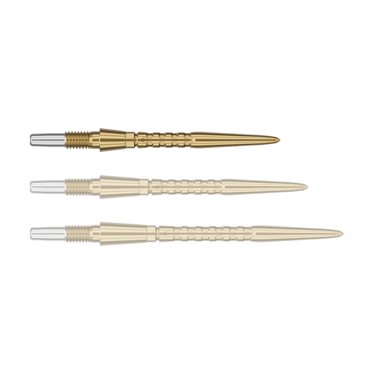 Puntas de dardos de acero Target Swiss Point Storm Surge - doradas Auf dem Bild sind drei goldfarbene Dartspitzen zu sehen. Sie liegen nebeneinander auf grünem Hintergrund.