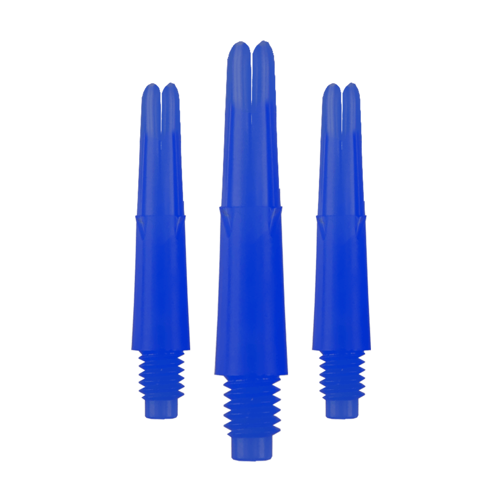 Ejes en L bloqueados rectos estilo L - Azul Auf dem Bild sind drei blaue, gerade Dartschäfte zu sehen. Sie haben ein Gewinde am unteren Ende und sind ohne Kappen abgebildet.