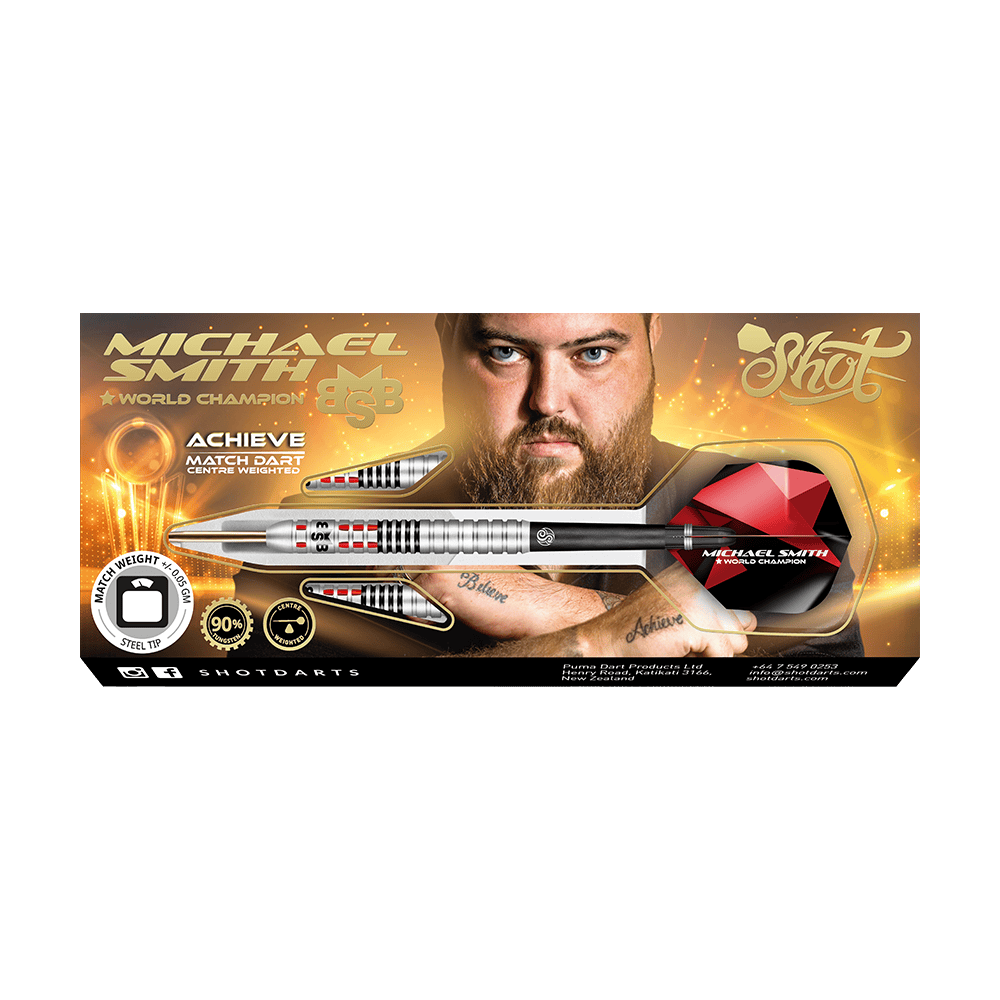 Shoto Michael Smith Lograr Dardos De Acero Auf dem Bild ist eine Verpackung für Steeldarts mit dem Namen „Michael Smith - World Champion“ zu sehen. In der Mitte ist ein Mann mit Bart abgebildet, und ein großer silberner Dartpfeil ist prominent dargestellt.