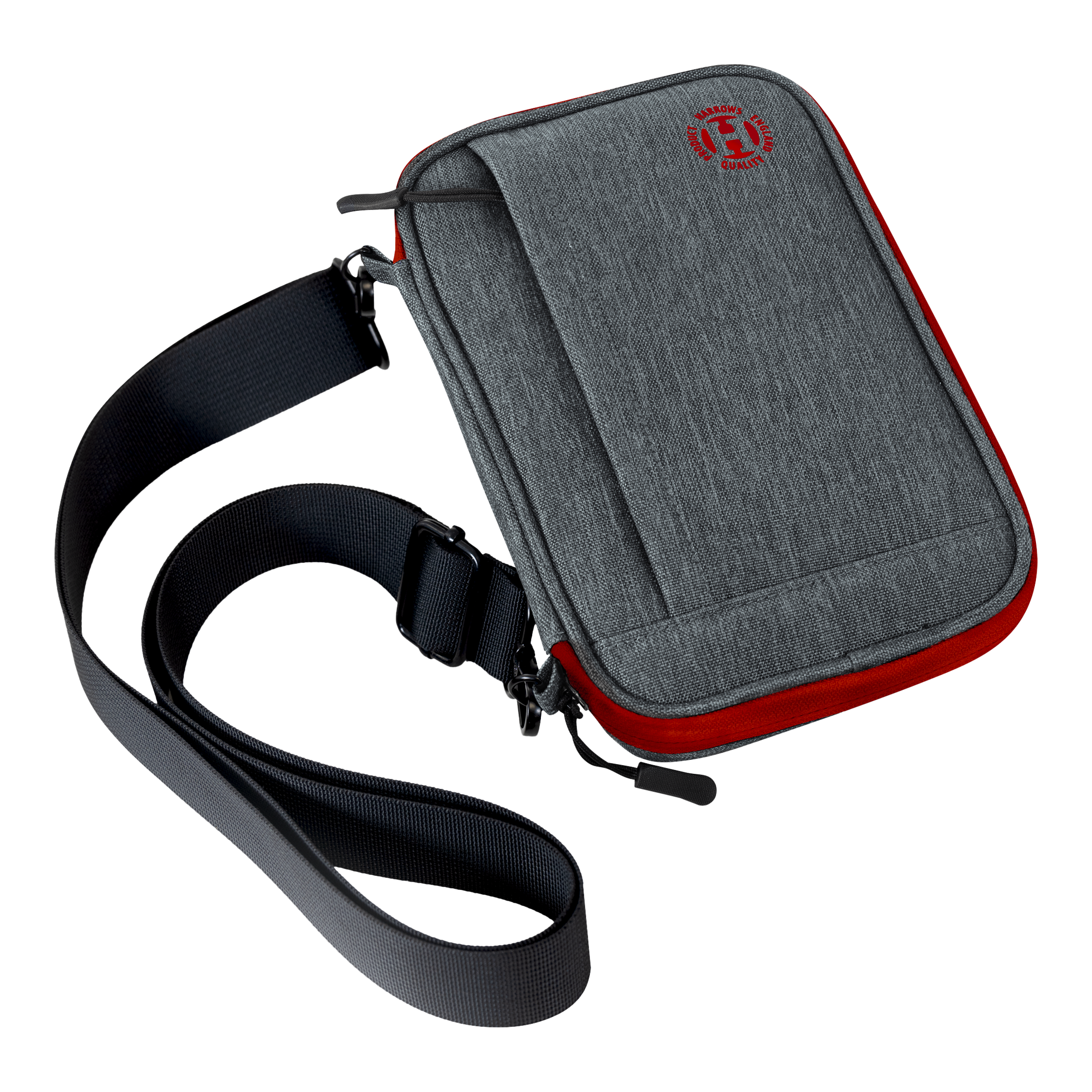 Cartera para dardos Harrows Smart Case XL Das Bild zeigt eine graue Darttasche mit roten Akzenten und einem schwarzen Schultergurt. Auf der Vorderseite ist ein rundes rotes Logo sichtbar.