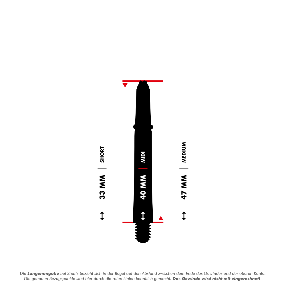HR351_Harrows_Supergrip_Carbon_Shafts_5_40mm Das Bild zeigt verschiedene Längenangaben für die Harrows Supergrip Carbon Shafts - Aqua. Es gibt drei Größen: Short mit 33 mm, Midi mit 40 mm und Medium mit 47 mm.