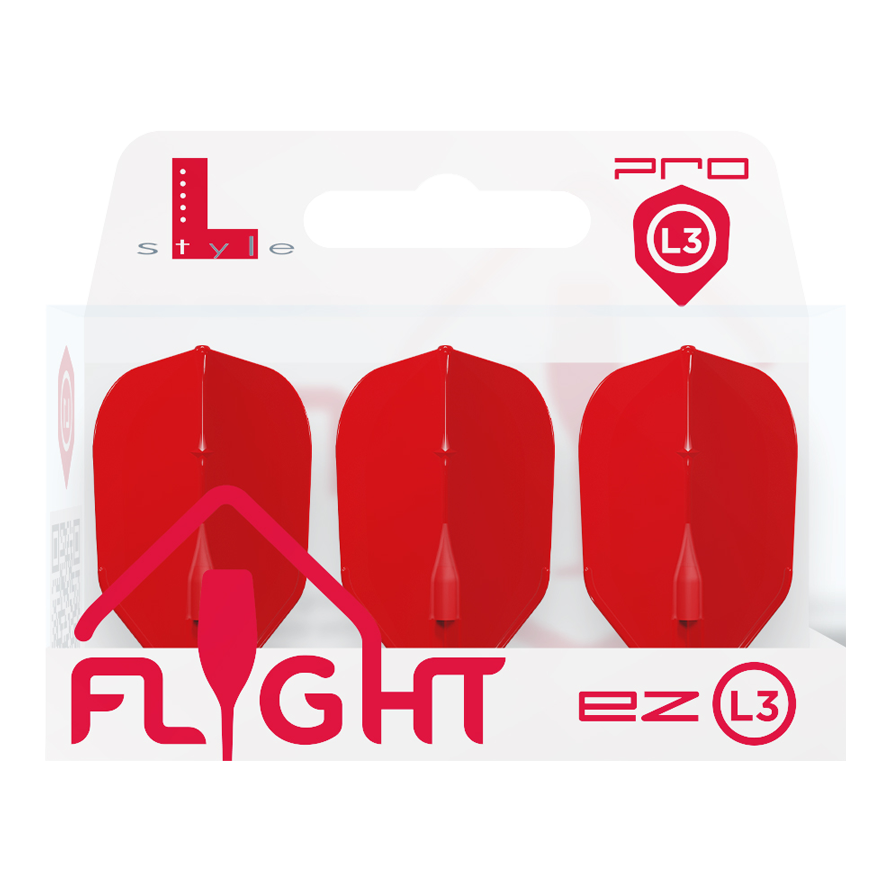 Vuelos L-L-Style3EZ Die Abbildung zeigt eine Packung mit drei roten Dart-Flights der Marke L-Style. Auf der Verpackung steht „FLIGHT ez L3“ und das Produkt ist für den Profibereich gekennzeichnet.