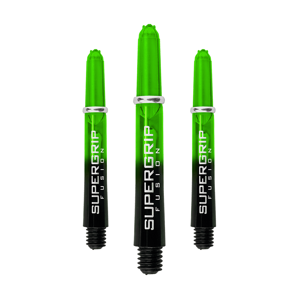 HR339_Harrows_Supergrip_Fusion_Shafts_Gr-n_33mm_1TK8mzDdettKPI Das Bild zeigt drei grüne Harrows Supergrip Fusion Shafts für Dartpfeile. Die Shafts haben ein modernes Design mit schwarzem unteren Teil und grüner transparenter Spitze.
