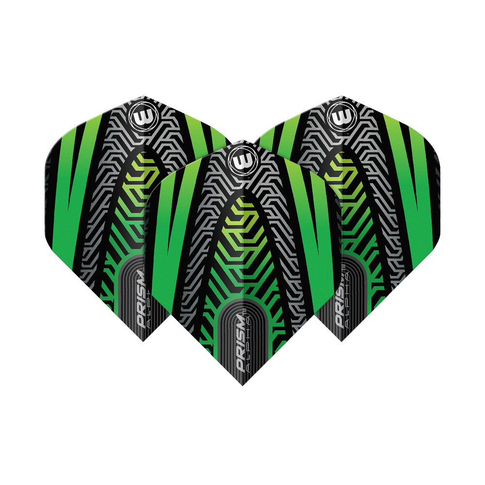 Das Bild zeigt drei Dartflights des Modells "Winmau Prism Alpha Schwarz Grün No2 Standard". Die Flights haben ein auffälliges, modernes Design in Schwarz, Grün und silbernen Linienmustern.