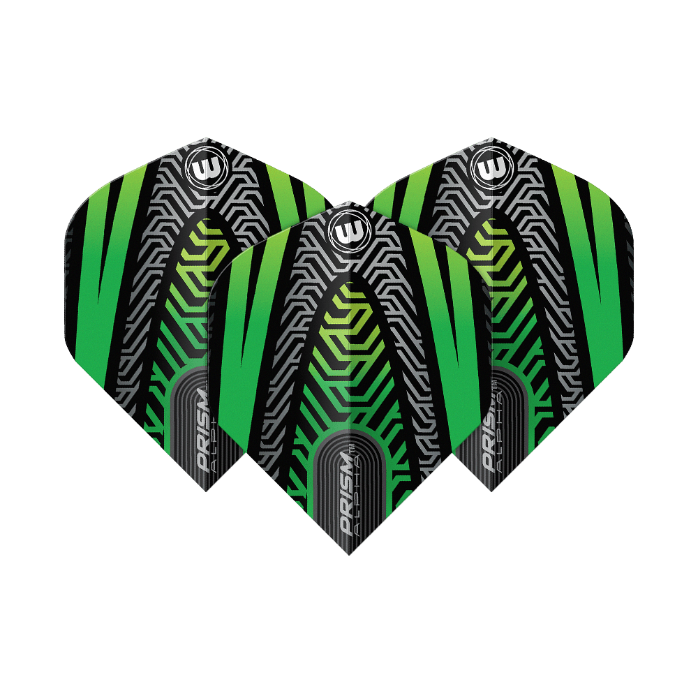 Winmau Prism Alpha Negro Verde No. 2 Vuelos Estándar Das Bild zeigt drei Dartflights des Modells "Winmau Prism Alpha Schwarz Grün No2 Standard". Die Flights haben ein auffälliges, modernes Design in Schwarz, Grün und silbernen Linienmustern.