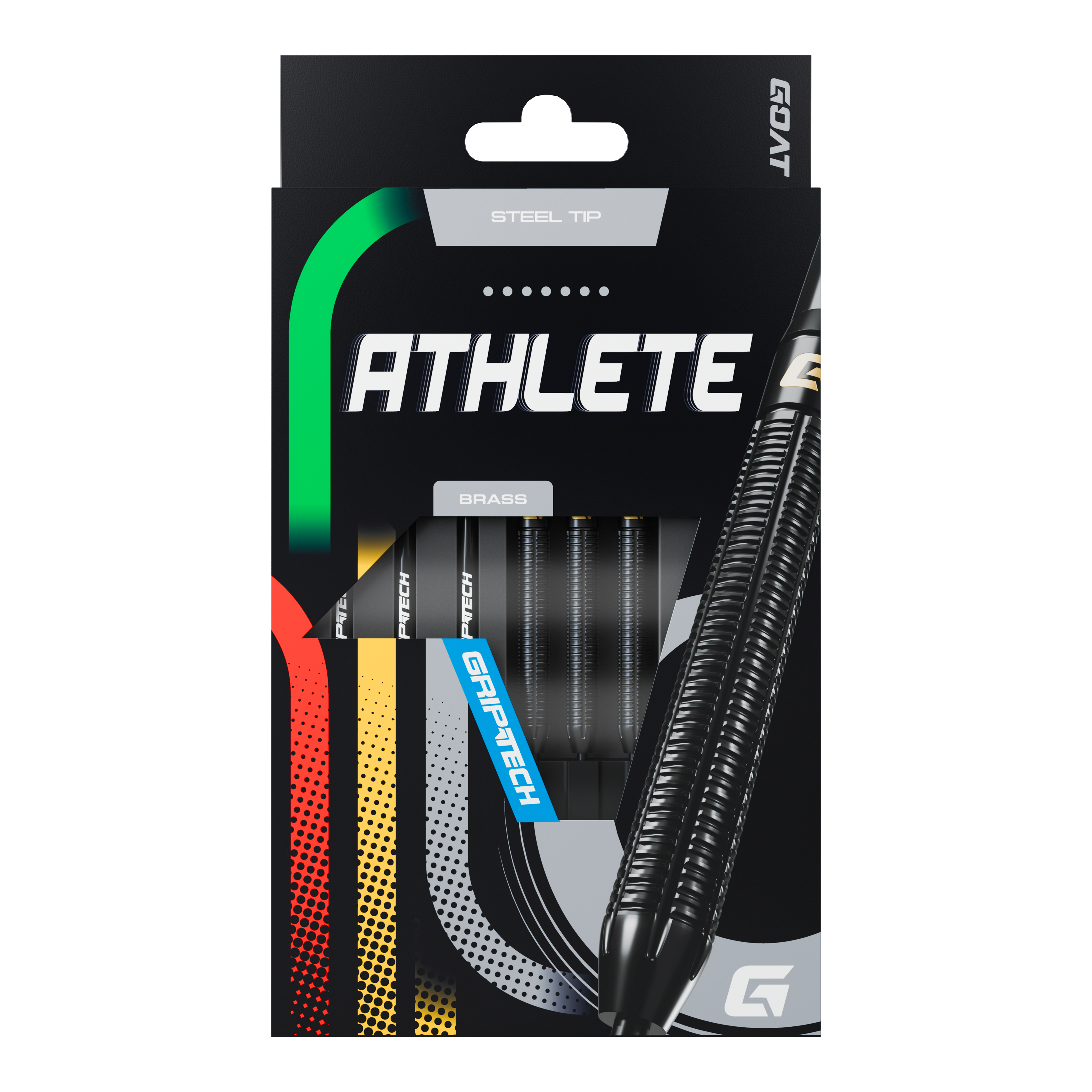 Dardos de acero GOAT Athlete de latón negro - 13 g Die Abbildung zeigt die Verpackung der GOAT Athlete Black Brass Steeldarts mit einem Gewicht von 13g. Die Darts haben eine schwarze, geriffelte Oberfläche und sind für Präzision und Haltbarkeit ausgelegt.