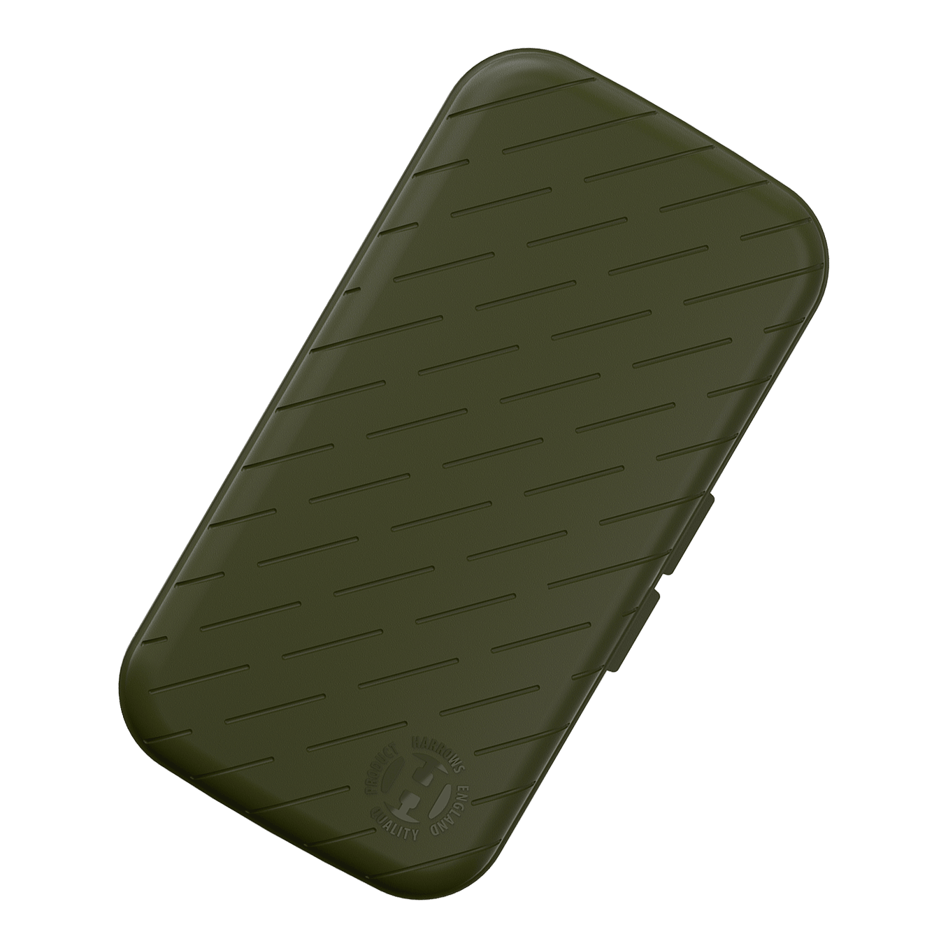 Estuche para dardos Harrows Slimcase Das Bild zeigt ein schlankes, grünes Etui mit leicht abgeschrägten Kanten und schrägen Linien als Muster. In der unteren Ecke befindet sich ein rundes Logo mit der Aufschrift "HARROWS ORIGINAL QUALITY PRODUCT".
