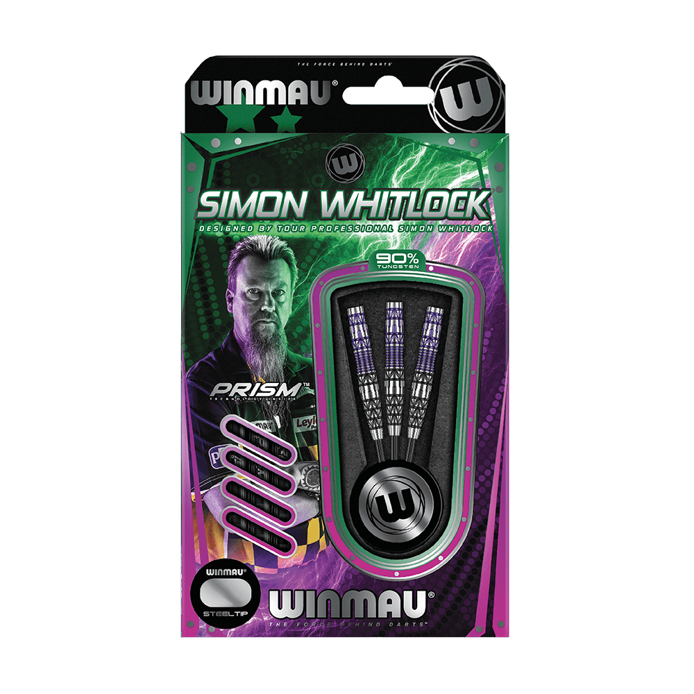 Dardos de acero Winmau Simon Whitlock Edición Especial 2020 Die Abbildung zeigt das Produkt „Winmau Simon Whitlock Special Edition 2020 Steeldarts“ in der Originalverpackung. Auf der Verpackung sind drei Steeldarts und ein Bild von Simon Whitlock zu sehen.