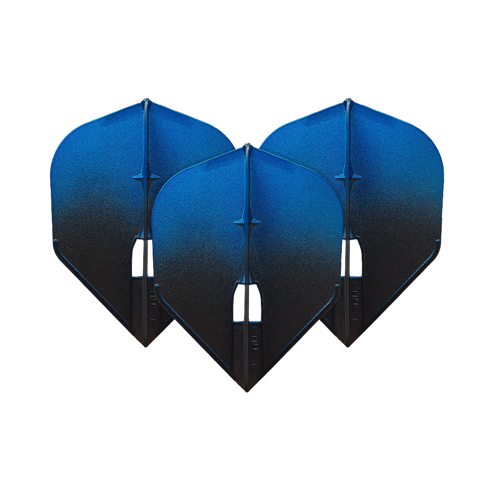 Vuelos L-Style Two Tone L3PRO Auf dem Bild sind drei blaue Dartflights zu sehen. Sie haben ein zweifarbiges Design mit einem Verlauf von Blau zu Schwarz.