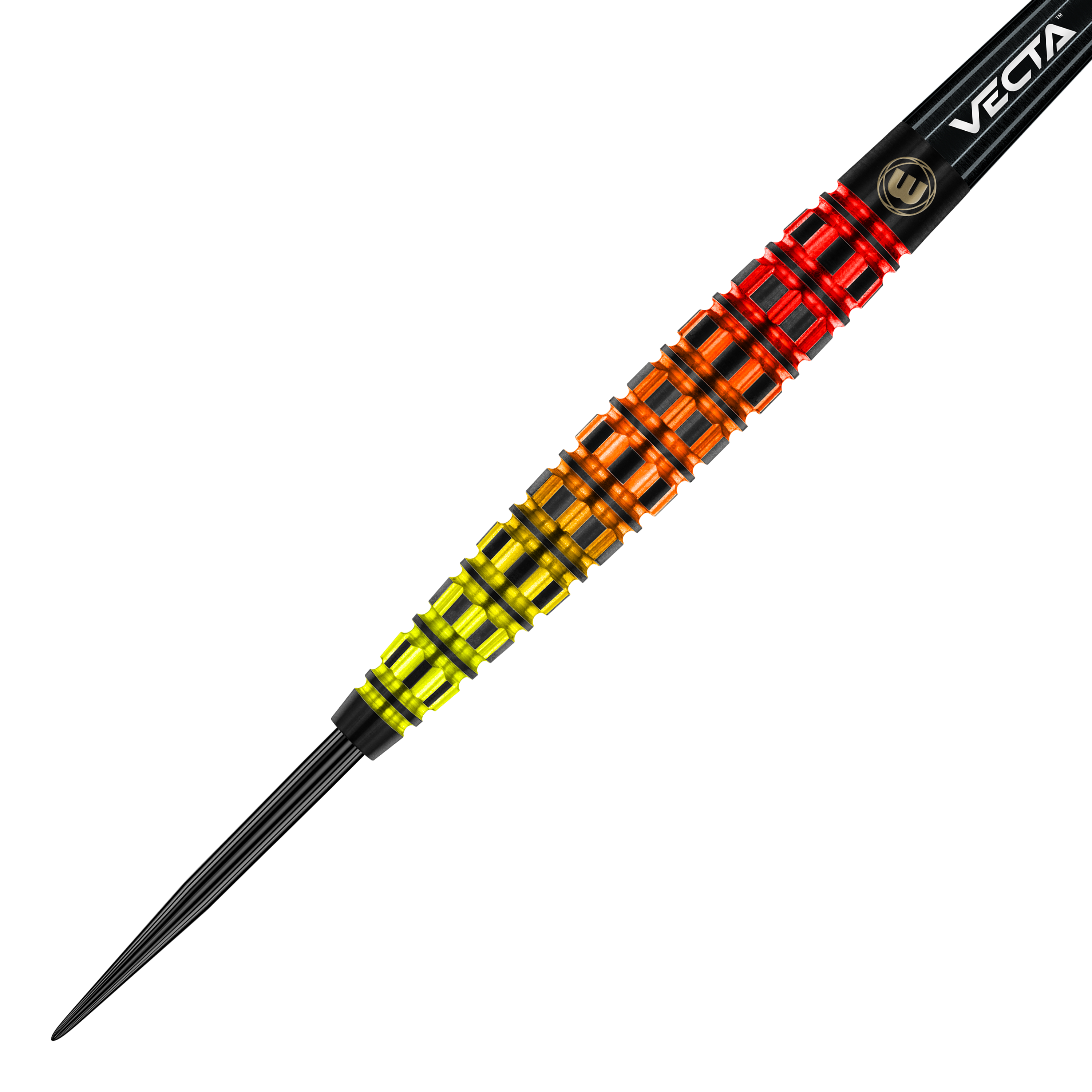 Dardos de acero cónicos Winmau Firestorm Flame Das Bild zeigt einen Winmau Firestorm Flame Tapered Steeldart. Der Dart hat ein auffälliges Design mit leuchtenden Farben von Gelb über Orange bis Rot.
