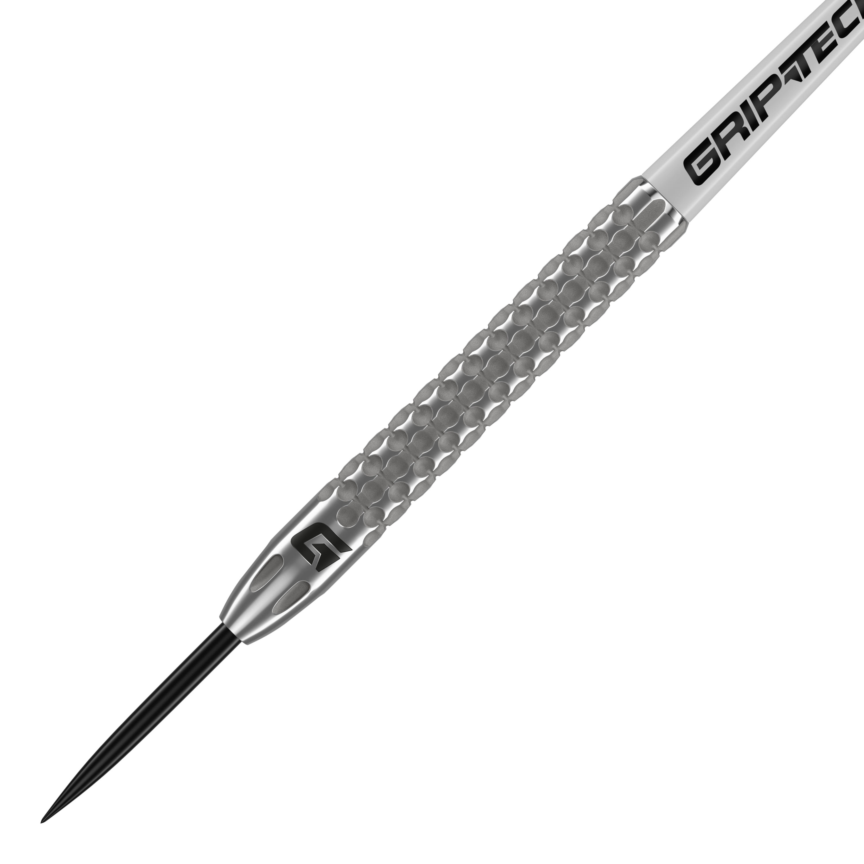 Dardos de acero de tungsteno GOAT Fairway V2 Dies ist ein GOAT Fairway V2 Tungsten Steeldart. Er hat eine silberne, strukturierte Oberfläche mit dem Schriftzug "GRIPTEC" auf dem Schaft.