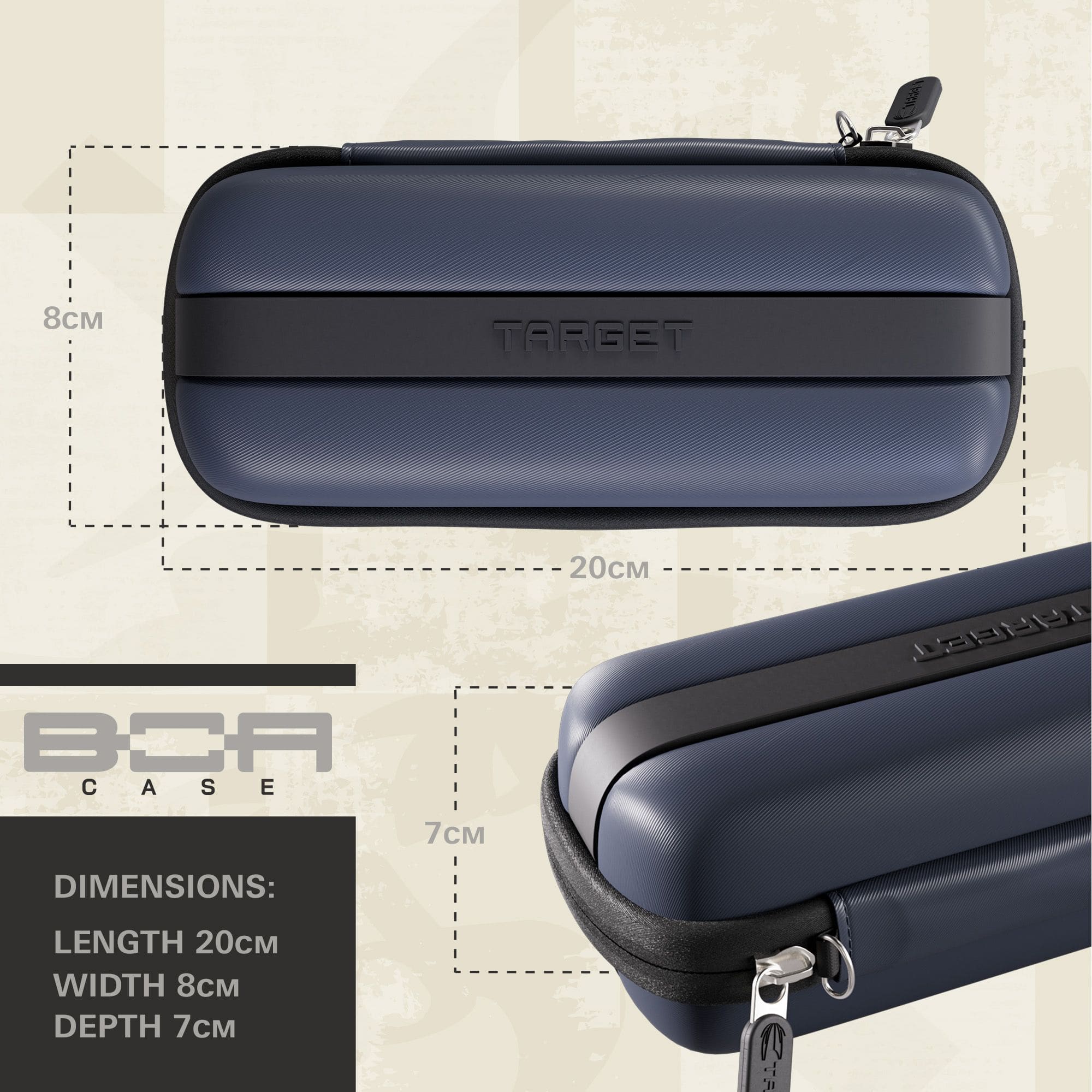 Estuche para dardos Target BOA Dargestellt ist das Target BOA Dartcase in Navy und Dunkelgrau aus einer anderen Perspektive. Es dient zur sicheren Aufbewahrung von Dartzubehör.