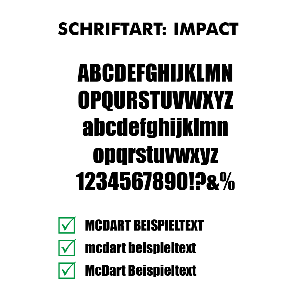 Flightdruck-Schriftart-ImpactzJ0XL6t2mAKcF Das Bild zeigt verschiedene Schriftproben der Schriftart „Impact“ in Groß- und Kleinbuchstaben sowie Zahlen und Sonderzeichen. Unten werden drei Beispieltexte in unterschiedlichen Schreibweisen mit einem grünen Häkchen angezeigt.