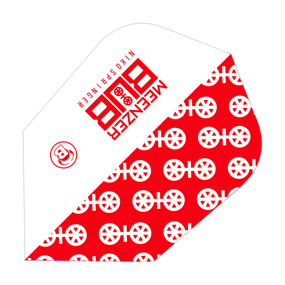 Vuelos estándar B de Bulls X-Powerflite Niko Springer XXL Das Bild zeigt ein Dartflight-Produkt mit dem Namen "Bulls X-Powerflite Niko Springer XXL B-Standard Flights". Das Design ist rot-weiß und trägt auffällige Logos und Muster.